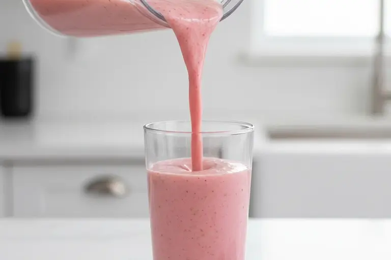Smooth pink-green smoothie being poured into glass