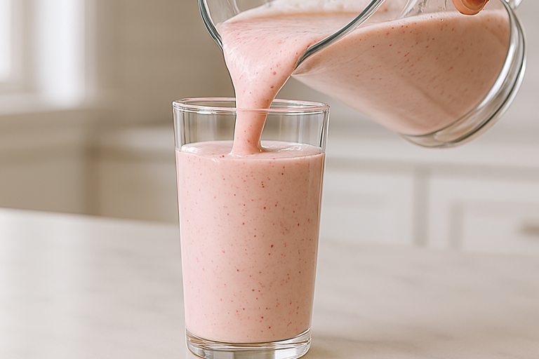 Smooth pink smoothie being poured into glass