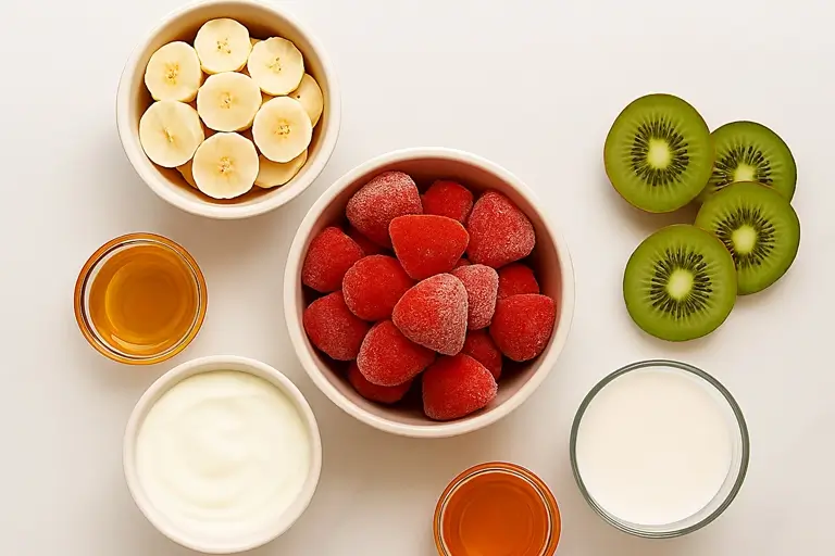 Strawberries, kiwi, banana, yogurt, and milk on counter