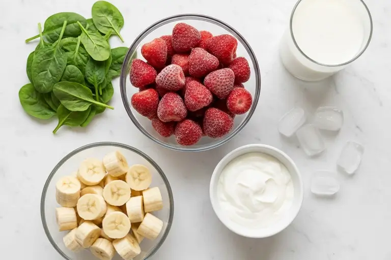 Strawberries, spinach, banana, yogurt, and milk on counter