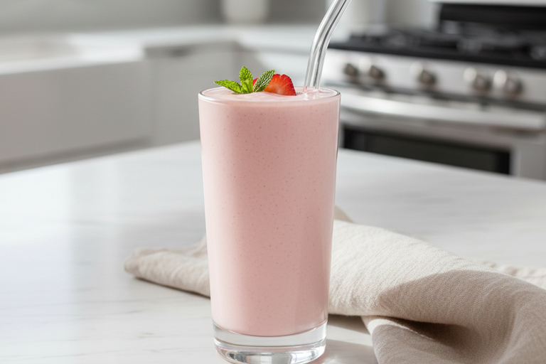 Strawberry avocado smoothie garnished with strawberry slice