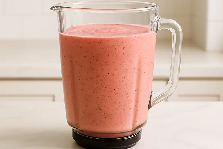 Strawberry kiwi smoothie ingredients blending in blender