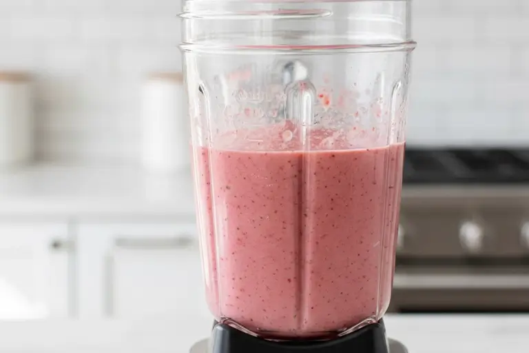 Strawberry spinach smoothie ingredients blending in blender
