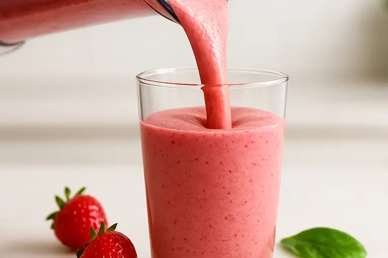 smooth pink smoothie being poured into glass