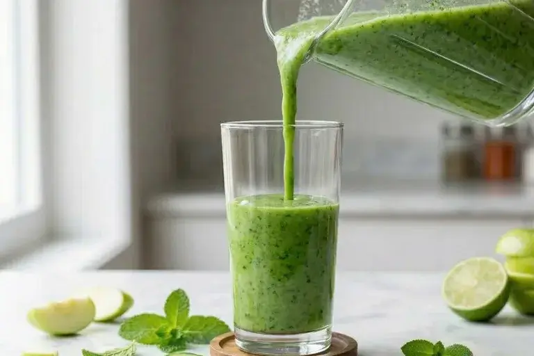 Bright green cucumber mint smoothie being poured from a blender jug into a glass, creating a fresh, vibrant stream