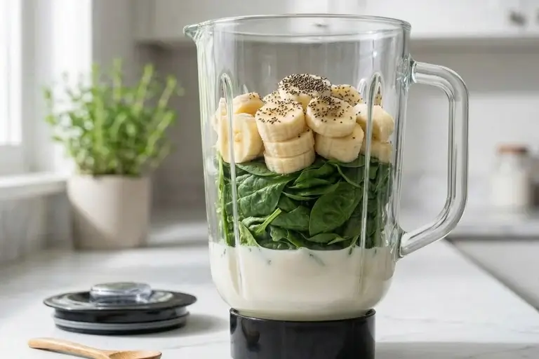 Chia Spinach smoothie ingredients in the blender jar
