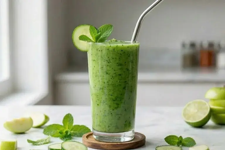 Chilled cucumber mint smoothie in a tall glass garnished with a mint leaf, cucumber slice, and lime wedge on a light green background