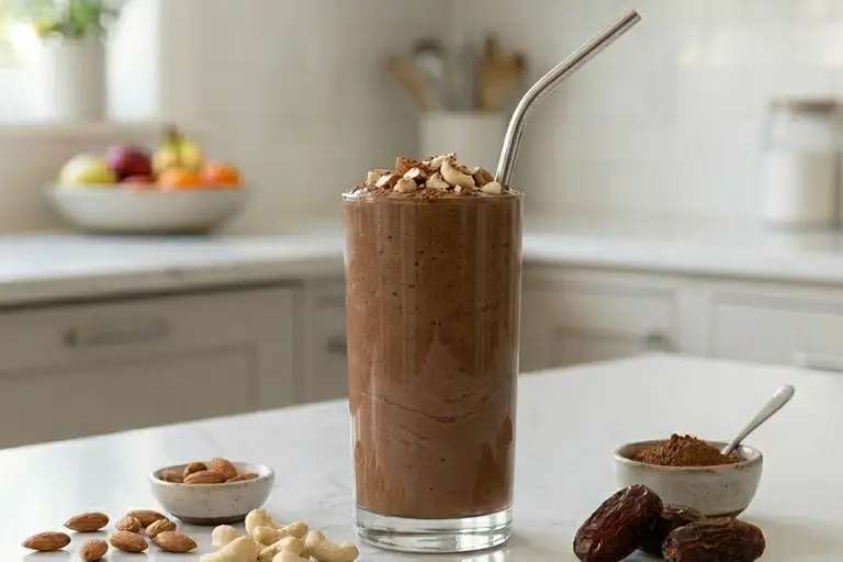Chocolate Date Nut Smoothie garnished with whole almonds and a dusting of cocoa powder, ready to serve.