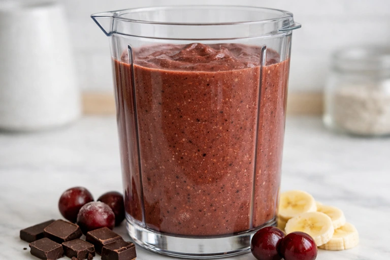 Chocolate cherry smoothie ingredients blending in blender