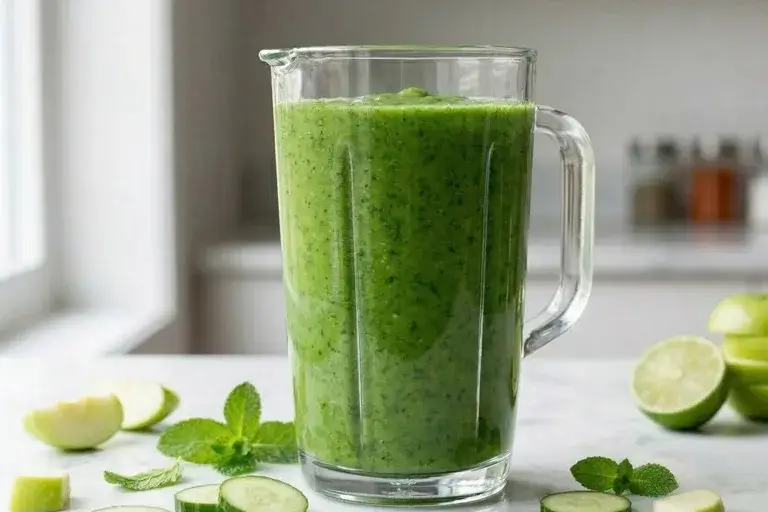 Cucumber, mint, and green apple chunks being blended in a high-speed blender for a fresh green cucumber mint smoothie