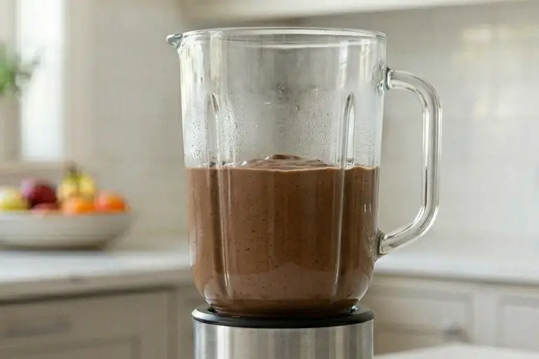 Dates, almonds, cashews, almond milk, and cocoa powder being blended together in a glass blender for a Chocolate Date Nut Smoothie.