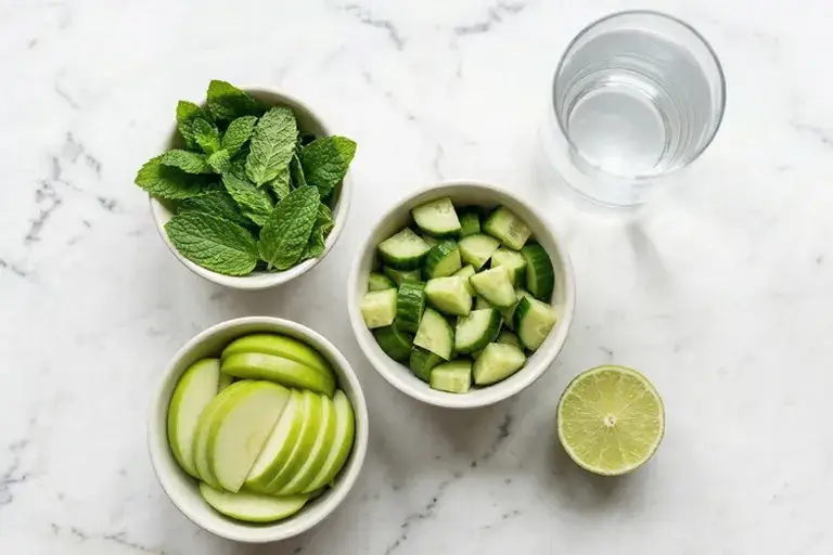 Flat lay of fresh cucumber, green apple, mint leaves, and lime on a white marble surface — ingredients for a cucumber mint smoothie