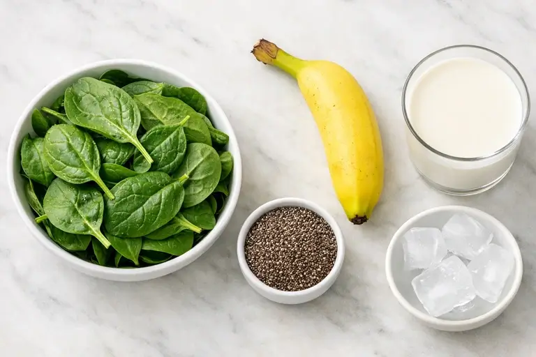 Fresh baby spinach, ripe banana, chia seeds, and unsweetened almond milk laid out on a white marble surface for a chia spinach smoothie