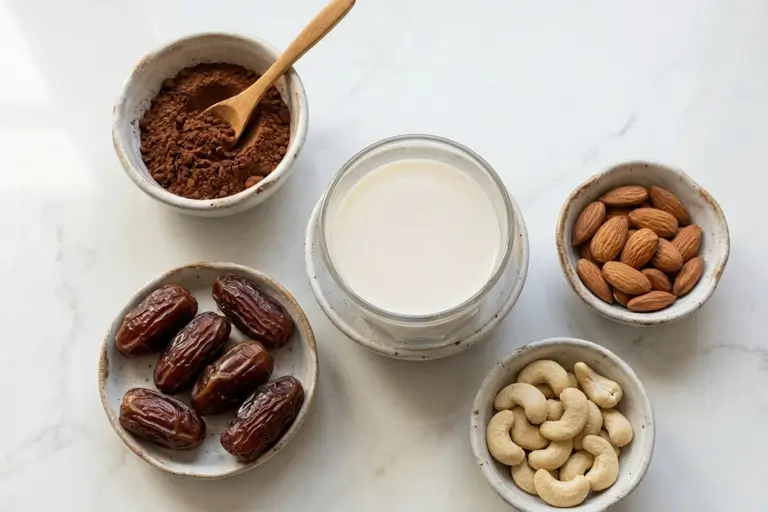 Fresh ingredients for Chocolate Date Nut Smoothie including seedless dates, almonds, cashews, almond milk, and cocoa powder laid out flat on a marble surface.