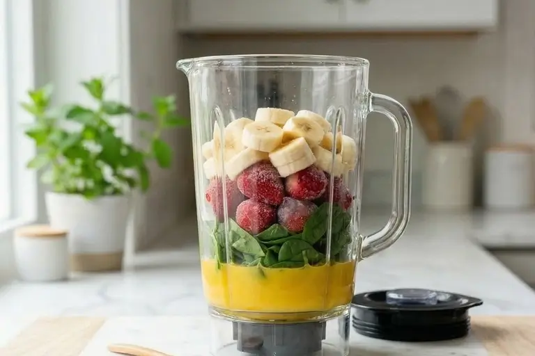Spinach-Strawberry-Banana-Smoothie-ingredients in the blender