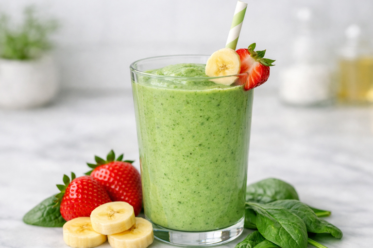 finished spinach strawberry banana smoothie ready to drink