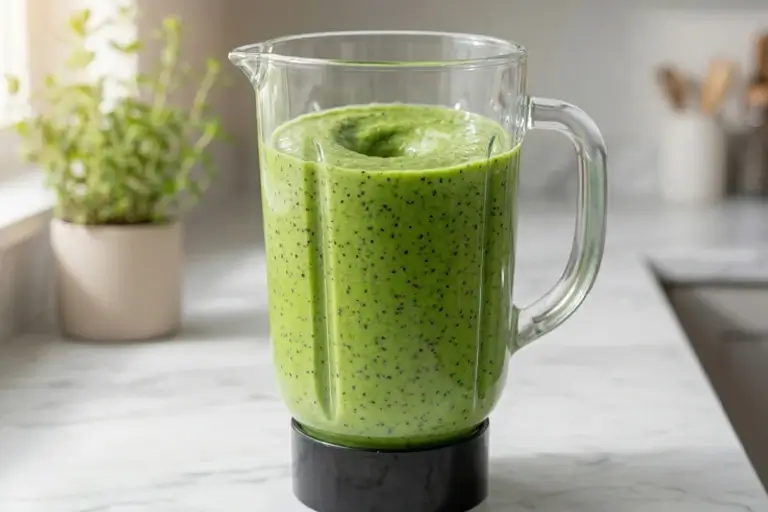 Spinach and banana being blended with chia seeds and almond milk in a high-powered blender to make a green chia spinach smoothie