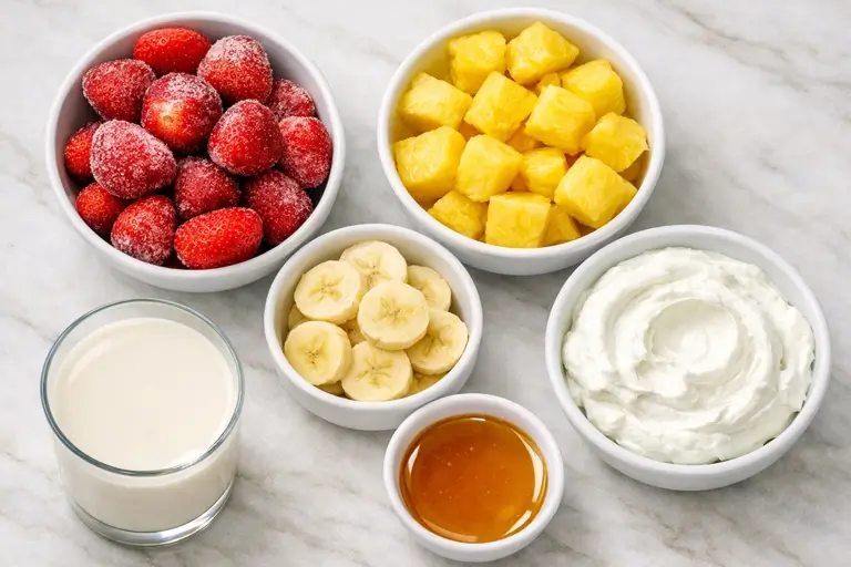 Strawberries, pineapple chunks, banana, yogurt, and almond milk