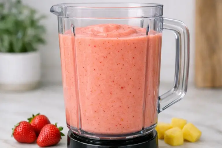 Strawberry pineapple smoothie ingredients blending in blender