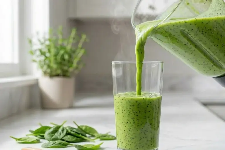Thick bright green chia spinach smoothie being poured from a blender jug into a clear glass showing its vibrant natural color