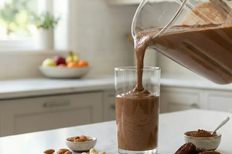 Thick, creamy Chocolate Date Nut Smoothie being poured slowly from a blender jug into a clear serving glass.