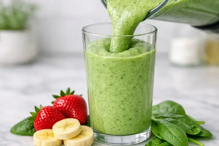 bright berry smoothie pouring into glass