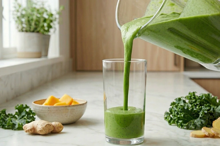 creamy green smoothie pouring into clear glass