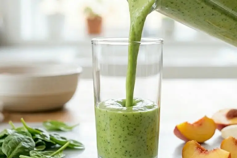 creamy green smoothie pouring into clear glass