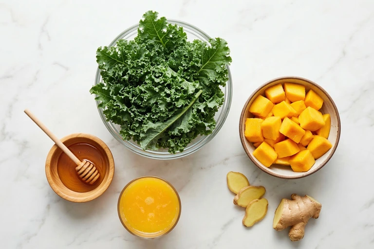 kale leaves, mango chunks, ginger, orange juice, and honey on counter