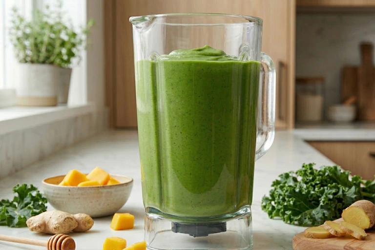 kale mango ginger smoothie ingredients blending in blender