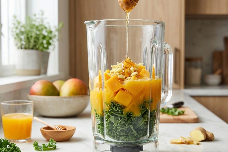 kale mango ginger smoothie ingredients in blender