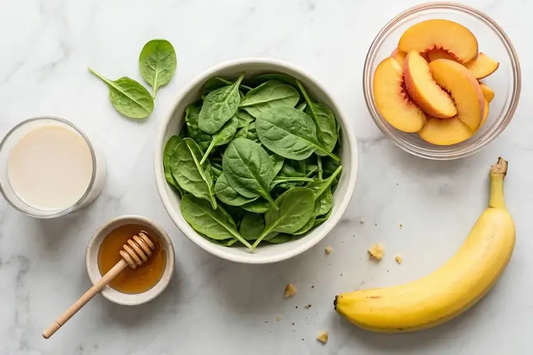 spinach leaves, peach slices, banana, almond milk, and honey on counter