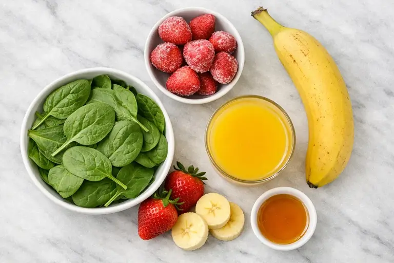 spinach leaves, strawberries, banana, orange juice, and honey on counter