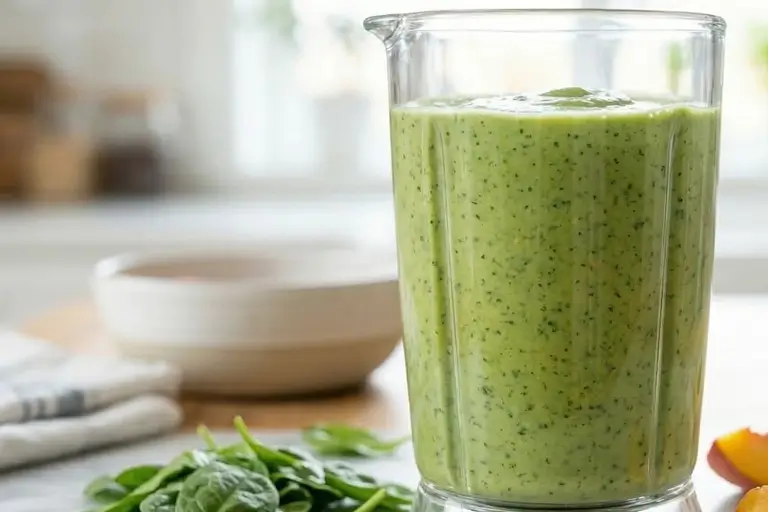 spinach peach smoothie ingredients blending in blender