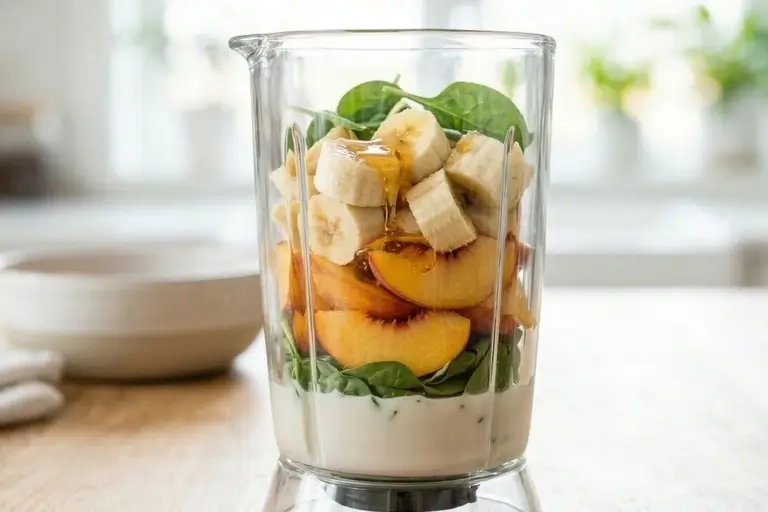 spinach peach smoothie ingredients in blender