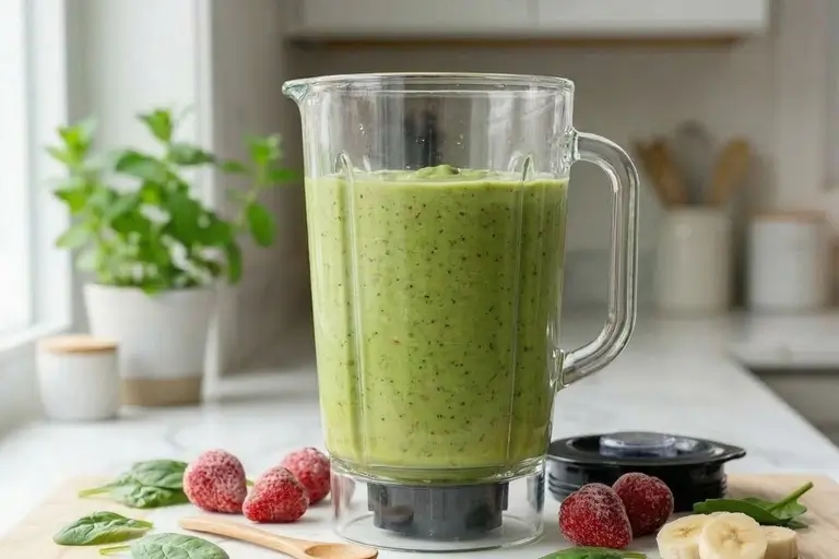 spinach strawberry banana smoothie ingredients blending in blender