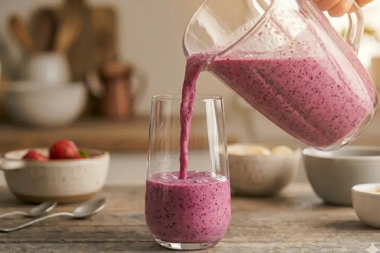 strawberry blueberry banana smoothie pouring into glass