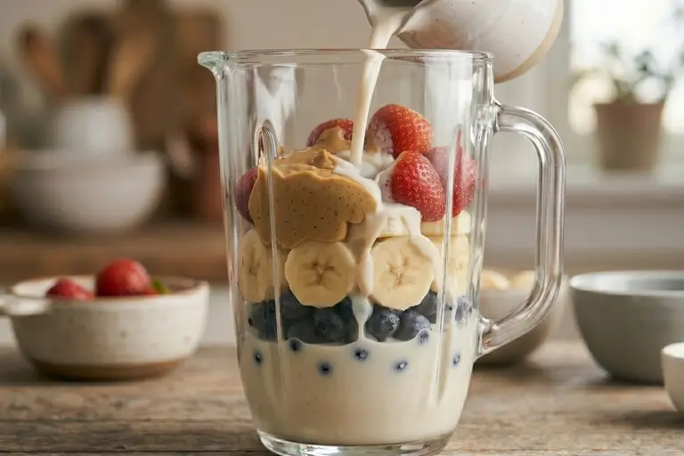smoothie ingredients in the blender