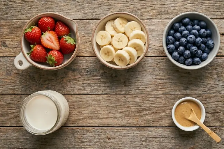 strawberries blueberries banana cashew milk and cashew butter